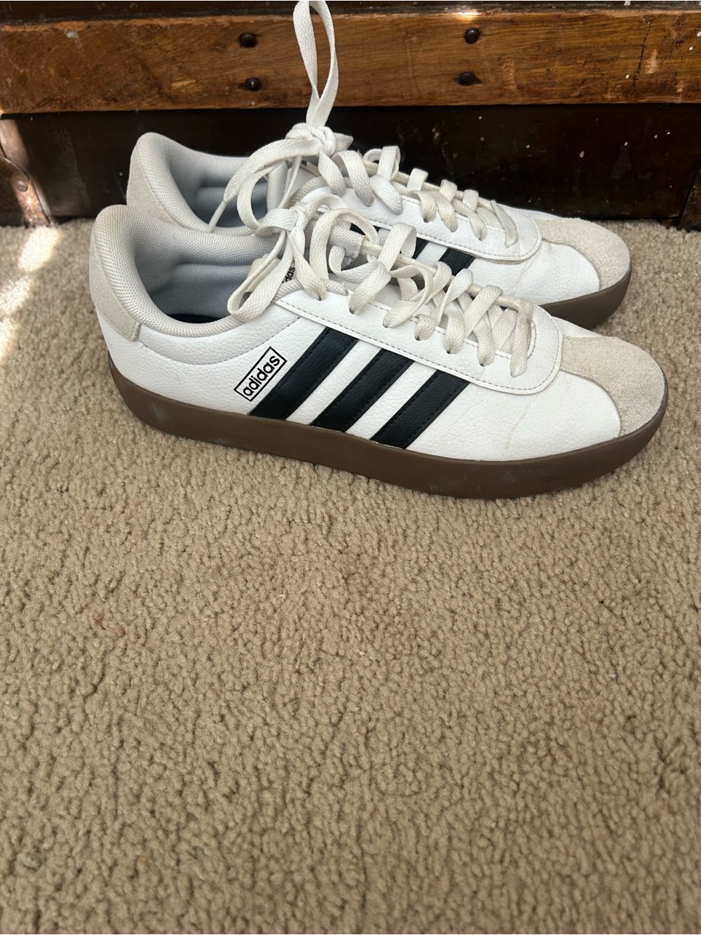 Adidas womens White Leather Sneakers with Black Stripes and Brown Sole